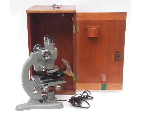 Mid-20th century binocular microscope, Beck - London, "Model 48", the grey finished body with Y shaped foot and pivoting univ