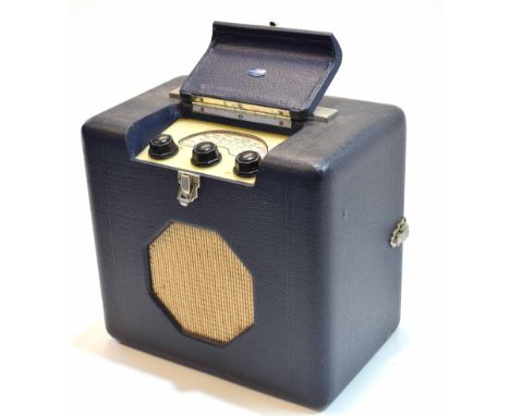 Mid-20th century portable radio, Roberts Radio, 32402, the navy blue finished cased on a revolving base stand with carry hand