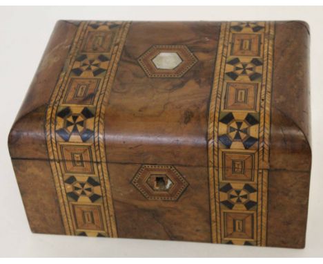 Victorian walnut tea caddy with geometric inlaid banding with void interior, 25cm wide 