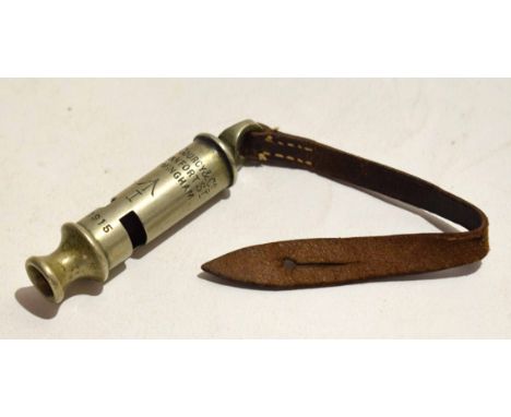 WWI period whistle of cylindrical form, A De Courcy &amp; Co - Frankfort St, Birmingham, marked with a Government broad arrow
