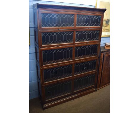 Good quality mahogany framed five-tier Globe Wernicke type bookcase with leaded and glazed doors with panelled sides (damage 