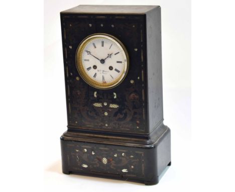 Early 19th century ebonised and inlaid mantel clock, Hry Marc et Paris, the plinth shaped case with inlaid and engraved brass