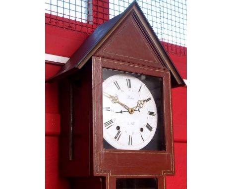 Mid-19th century French wall mounted weight driven clock, Robert a Albi, the red painted and gilt highlighted case with archi