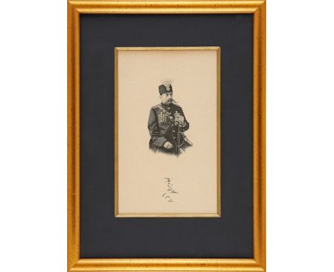 Portrait of Muzzaffar ad-Din Shah Qajar, the apparent proof copy of an etching later used for souvenir postcards, printed on 
