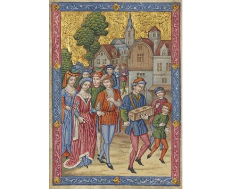 Spanish Forger    Musizierender Mann mit Kastenleier und Publikum. Malerei im Stil des Mittelalters auf altem Pergament. Fran
