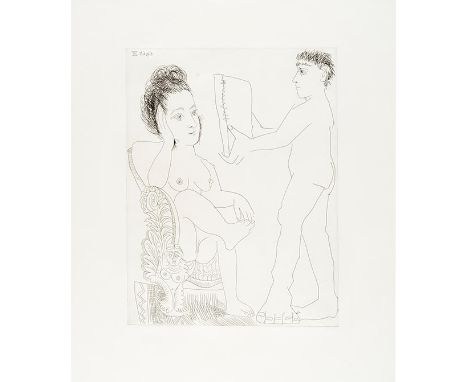 Pablo Picasso    Jeune homme présentant un miroir à une femme. Orig.-Radierung. Im Druck datiert. 1968. Auf BFK Rives. 41 : 3