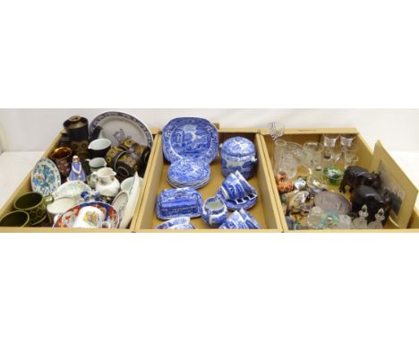 Early 19th century drinking glass, Spode Italian tea and dinnerware,  cut glass scent bottles, Danish relief decorated box, R