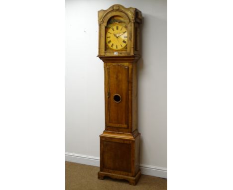 Country made oak and pine long case clock, arched top with modern movement and dial, lenticle door and bracket feet, H202cm