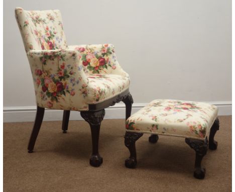 Early 20th century Chippendale style armchair, upholstered in floral pattern fabric, shell carved cabriole supports with ball