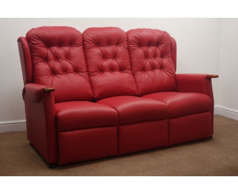 Three seat sofa upholstered in red leather (W175cm) and matching electric reclining armchair (This item is PAT tested - 5 day