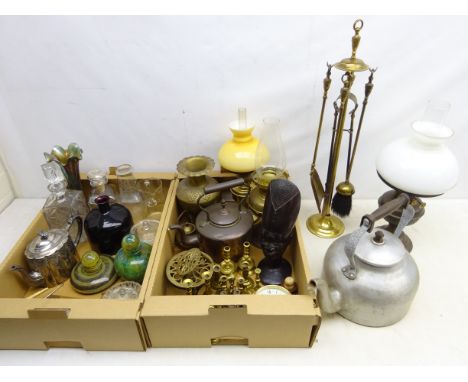 Two Mdina glass bottles with stoppers, boxwood folding rule, Victorian plated teapot, African carved hardwood bust, companion