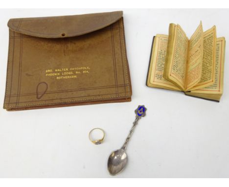 Masonic interest - 9ct gold and enamel ring 4.91g approx, silver-plated &amp; enameled teaspoon, leather pouch and booklet 