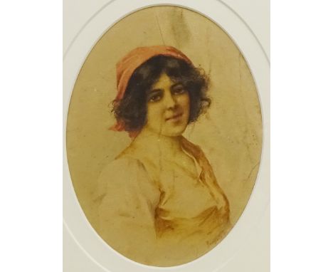 Portrait of a Young Woman, oval watercolour signed by Romolo Tessari (Italian 1868-1947) 19cm x 14.5cm