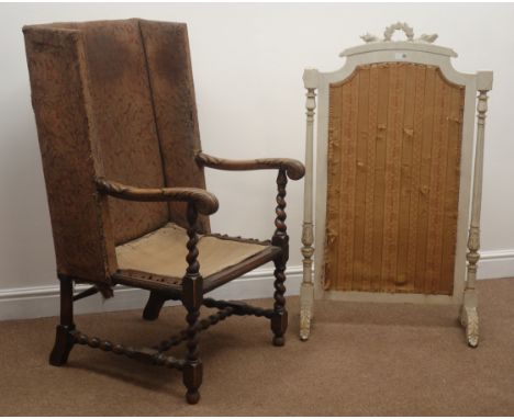 19th century oak framed wingback chair, carved arms, barely twist supports joined by stretchers (W60cm) and a white painted a