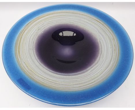 Large Stuart Akroyd art glass bowl, amethyst centre with bands of cream and blue, signed, D50cm 