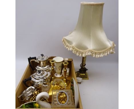 Walker &amp; Hall three-piece silver-plated tea set, pair 19th century brass candlesticks, cut glass sifter, brass Corinthian