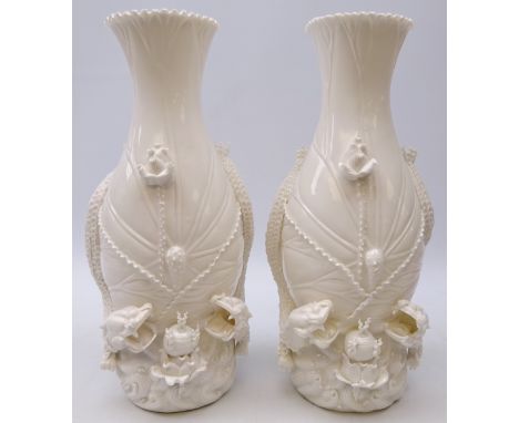 Pair Chinese Blanc De Chine baluster vases applied with two Dragons chasing the flaming Pearl, boxed, H36cm