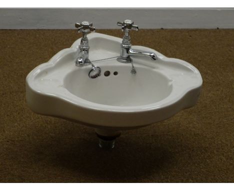 Edwardian style corner hand basin with chromium plated fittings, W47cm