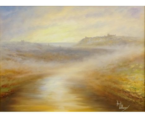 River Esk with Whitby Abbey beyond, 20th century oil on canvas board signed by David Wilkinson 44cm x 60cm