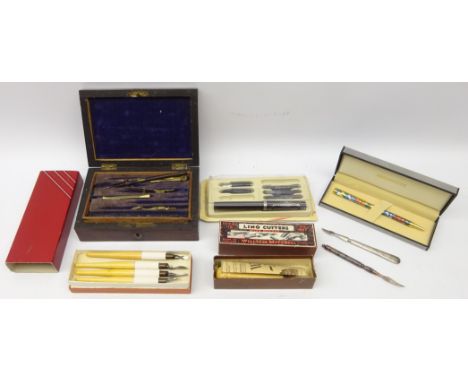 19th century drawing instruments in rosewood case, vintage Lino cutters by William Mitchell, Sheaffer pen etc 