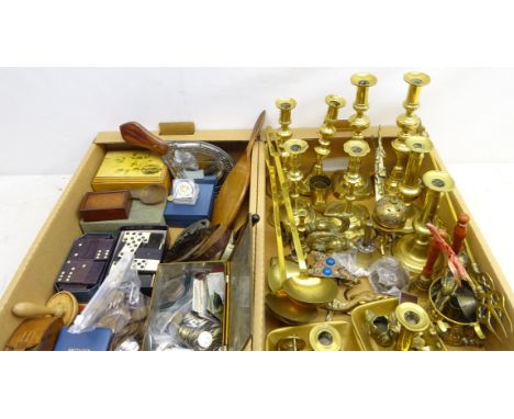 Sporran with silver-plated mounts and leather pouch, two sets of vintage domino's, qty brass ware including candlesticks, pre