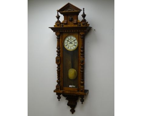 Victorian walnut Vienna style wall clock with architectural cresting, Roman dial with subsidiary, twin train movement strikin