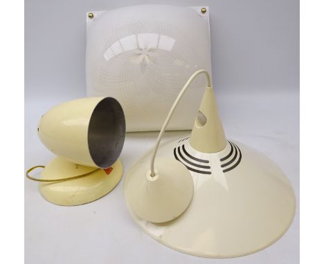 1980s pendant ceiling light and similar style Elix wall mounted lamp and 1970's square ceiling light with moulded perspex sha