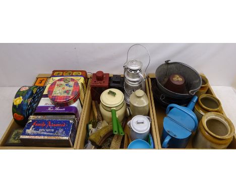 Judge Ware enamel pan, enamel watering can, Tilley lamp no. 400, other lanterns and enamel ware, vintage tins and miscellanea