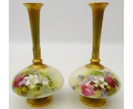 Pair Royal Worcester blush ivory bottle vases painted with floral sprays c1912, H19cm Condition Report Some marks to body, ot