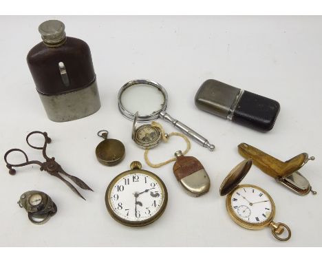 Vesta case in the form of a hip flask, two hip flasks, gold plated pocket watch, 8 Day pocket watch, pocket compass with loop