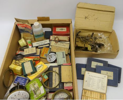 Edwardian twin train clock movement with painted enamel dial and a qty of boxed and other clock parts incl. watch hands, dril