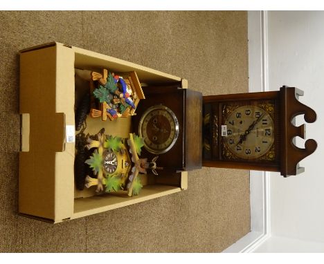 Jupiter 31 day mantel clock, Art Deco oak cased mantel clock with twin train movement and two Cuckoo clocks with single weigh
