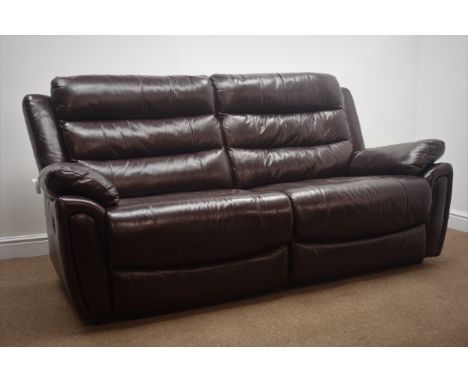 AMX three seat manual reclining sofa upholstered in brown leather (W195cm) and matching pair electric and manual reclining ar