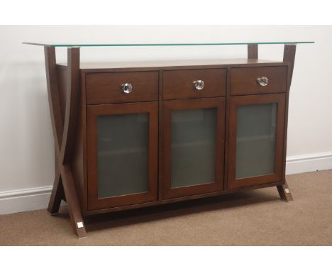 Modern oak finish console sideboard with bevelled glass top, three drawers and cupboards, W150cm, H90cm, D45cm