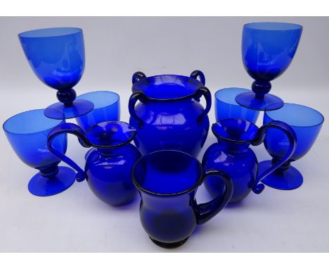 Four handled Bristol Blue glass vase, H16cm and other Bristol blue glass including two jugs, tankard and six drinking glasses