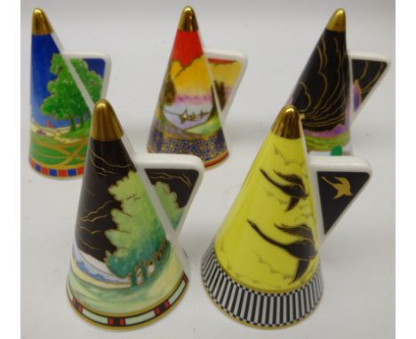 Five Royal Worcester 25th anniversary Collector's Society Art Deco style candle snuffers comprising 'Lazy Days', 'Old Windmil
