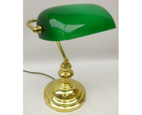 Brass bankers style desk lamp with green shade, H38cm 