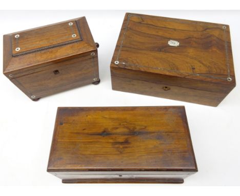 Mid Victorian rosewood and mother-of-pearl inlaid sewing box, L28cm and two Victorian rosewood tea caddies (3) 