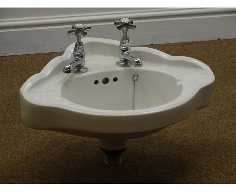 Edwardian style corner hand basin with chromium plated fittings, W47cm