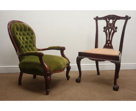 Victorian style walnut framed balloon back armchair, upholstered back and seat, cabriole legs (W68cm) and a Chippendale style