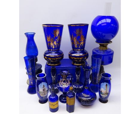 Early 20th century and later Bristol and blue glass including pair Souvenir 'Plymouth Drake's Statue' vases, enamel vases, ch