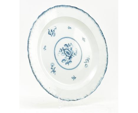 A believed early Worcester late 18th century blue &amp; white hand painted ceramic serving platter. The plate of circular for