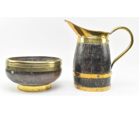 A George III early 19th century fruitwood &amp; brass bound coopered jug &amp; bowl. The jug having an exaggerated brass spou