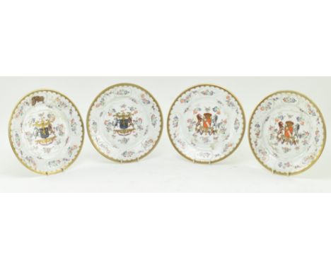 A set of four 19th century French Edme Samson armorial porcelain plates. Each plate with hand painted design. Featuring a gil