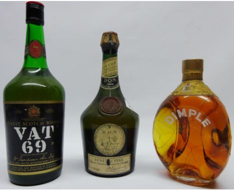 John Haig Dimple Scotch Whisky wire bound c1960's in carton Sanderson VAT 69 Whisky & Benedictine liqueur 3 Bottles  Conditio