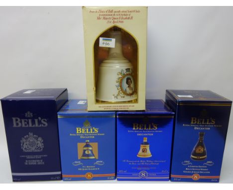 Bell's Scotch Whisky Commemorative Wade Decanters for ER II Gold & Diamond Jubilee 60 & 75 Birthdays and Golden Wedding boxed
