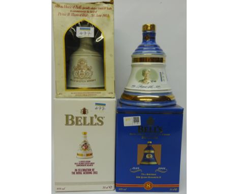Bell's Scotch Whisky Commemorative Wade Decanters, Queen Mothers 90 Charles 50 and ER II 75 years birthdays boxed & packaged 