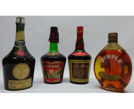 John Haig Dimple Scotch Whisky with wire seal Benedictine liqueur De Kuyper Cherry Brandy & Tia Maria 4 Bottles  Condition Re