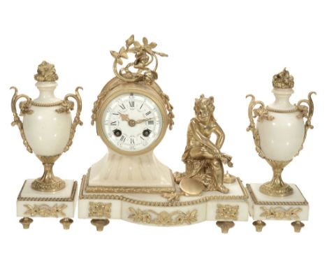 A French gilt brass mounted white marble figural mantel clock garniture  A French gilt brass mounted white marble figural man