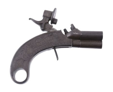 A Rare 140-Bore Irish Three-Barrel All-Steel Percussion Box-Lock Pistol by W  A Rare 140-Bore Irish Three-Barrel All-Steel Pe